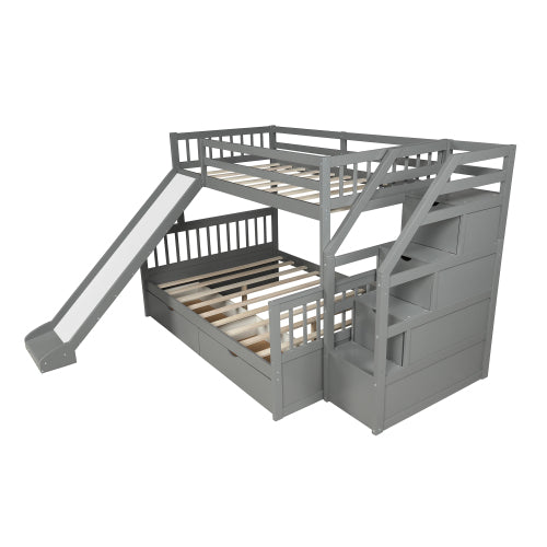 Twin over Full Bunk Bed with Drawers,Storage and Slide in Gray