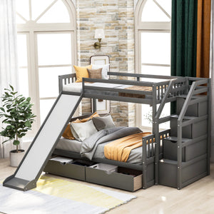 Twin over Full Bunk Bed with Drawers,Storage and Slide in Gray