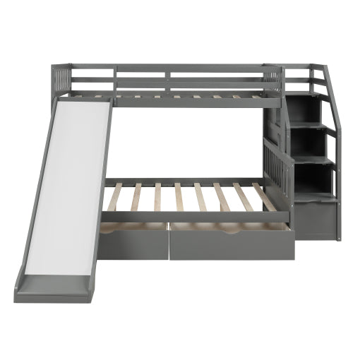 Twin over Full Bunk Bed with Drawers,Storage and Slide in Gray