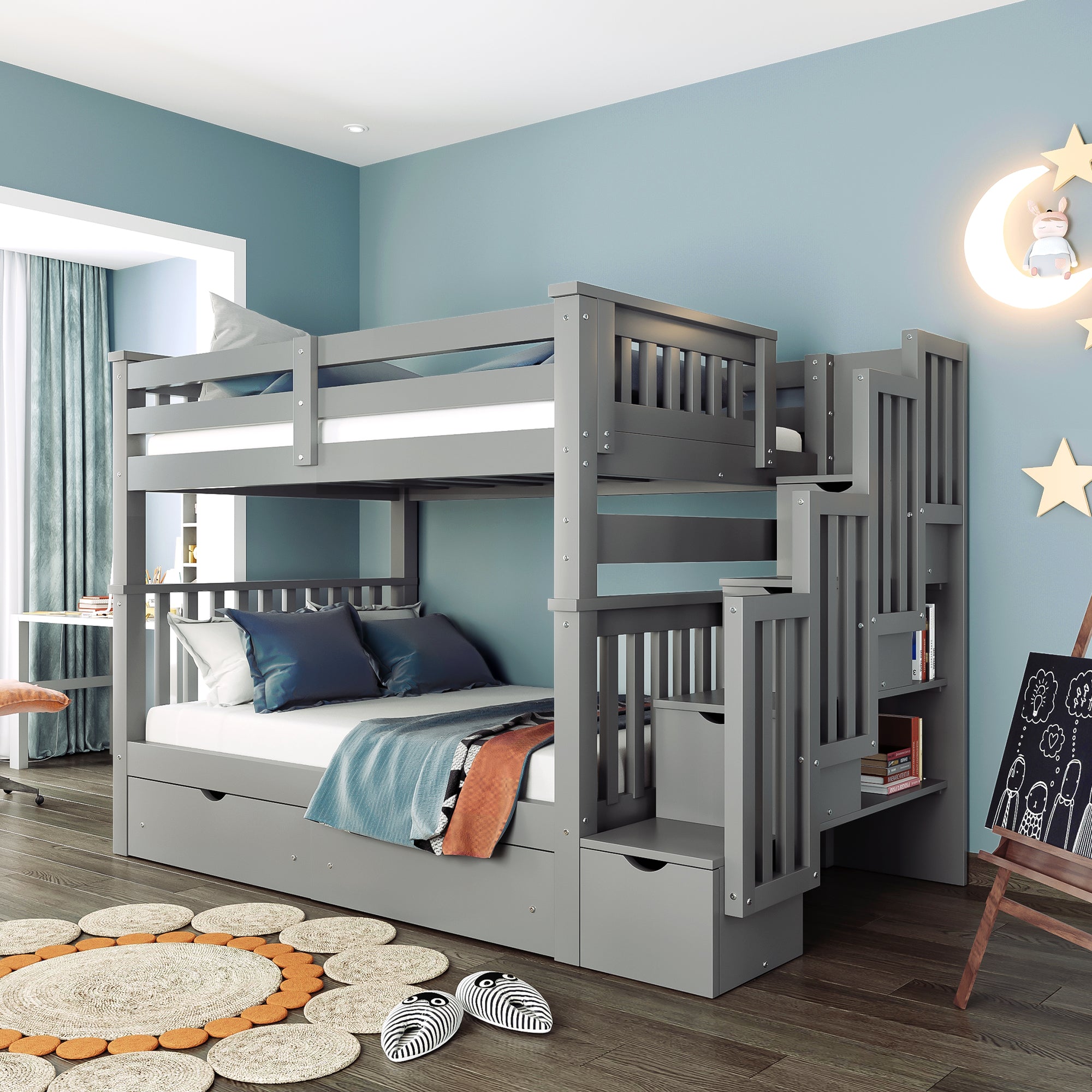 Lucky Furniture Full Over Full Bunk Bed with Shelves and 6 Storage Drawers, Gray