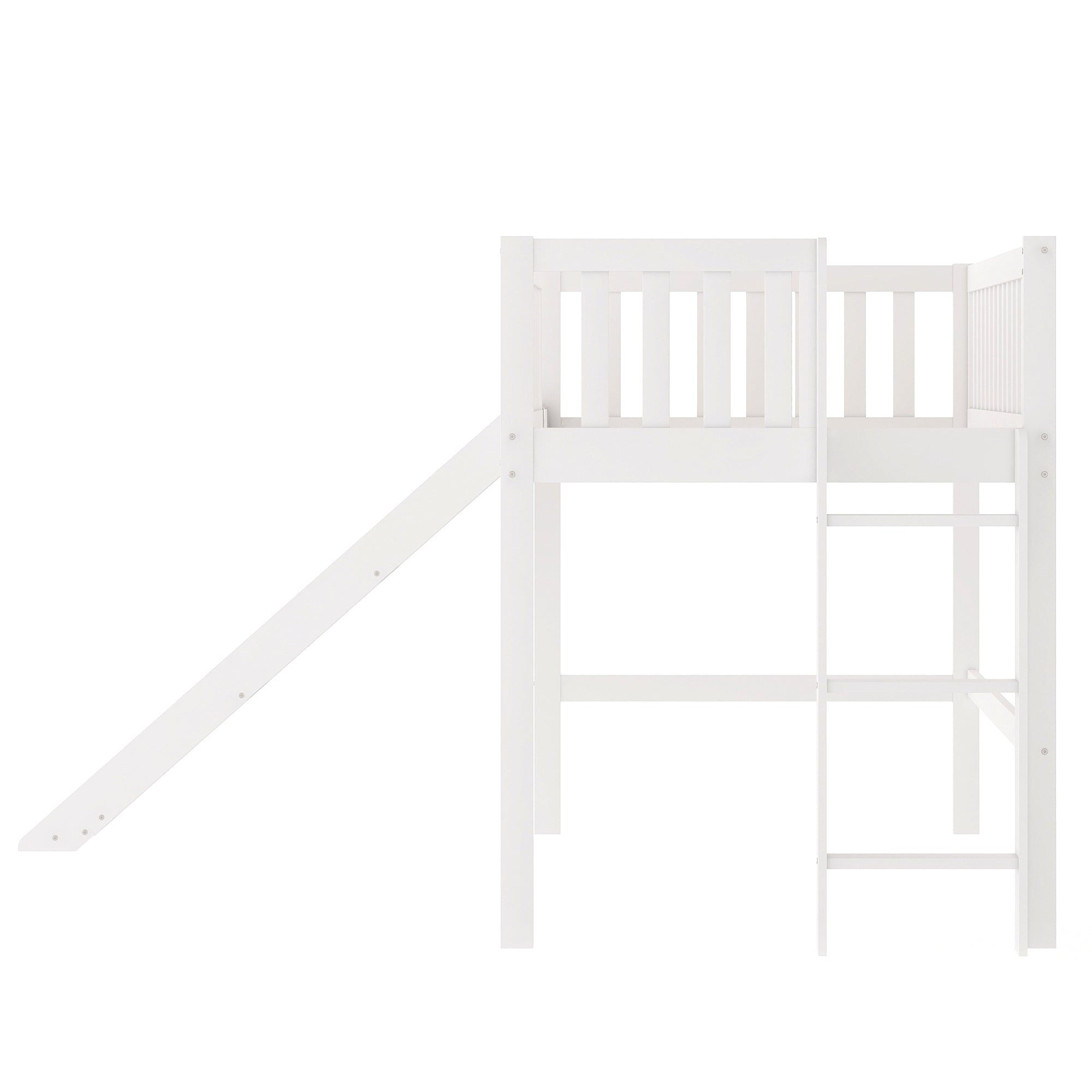 Twin Size Low Loft Bed with Ladder and Slide in White