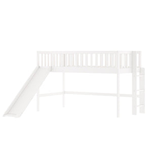 Twin Size Low Loft Bed with Ladder and Slide in White