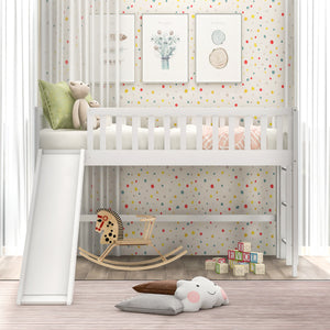 Twin Size Low Loft Bed with Ladder and Slide in White