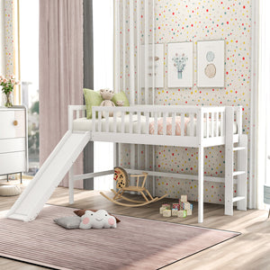 Twin Size Low Loft Bed with Ladder and Slide in White