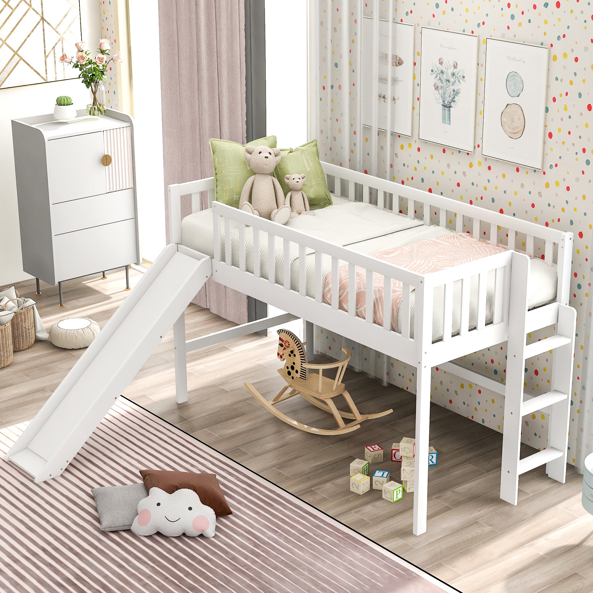 Twin Size Low Loft Bed with Ladder and Slide in White