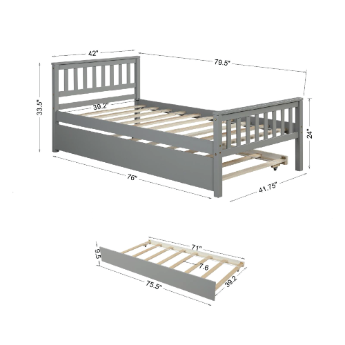 Twin Bed with Trundle For Kids and Toddlers in Grey or White