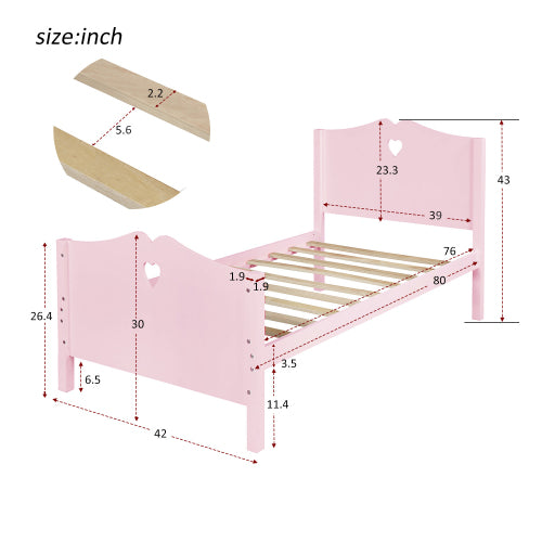 Lucky Furniture Pink Twin Size Wood Platform Bed with Headboard,Footboard and Wood Slat Support