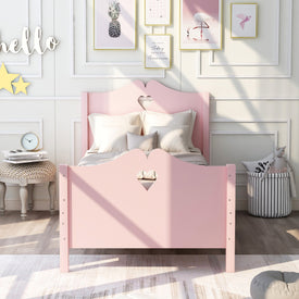 Lucky Furniture Pink Twin Size Wood Platform Bed with Headboard,Footboard and Wood Slat Support