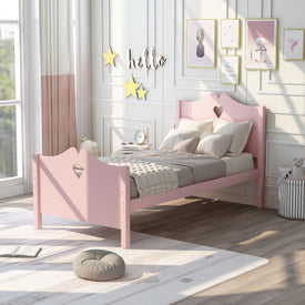 Lucky Furniture Pink Twin Size Wood Platform Bed with Headboard,Footboard and Wood Slat Support
