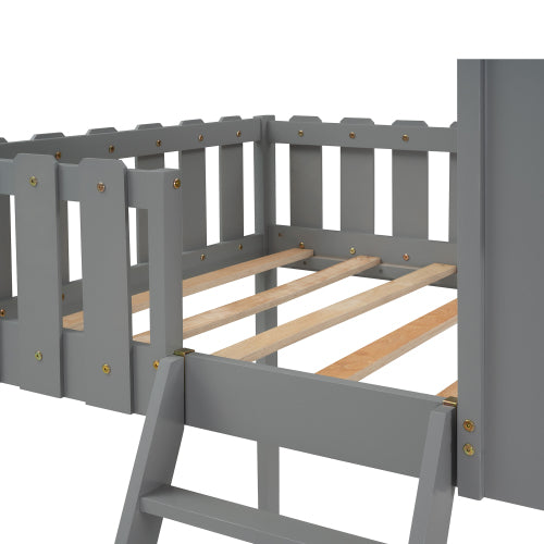 Bunk House Bed with Rustic Fence-Shaped Guardrail, Gray