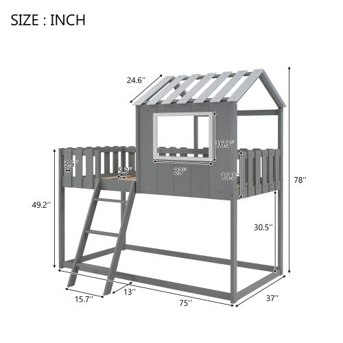 Bunk House Bed with Rustic Fence-Shaped Guardrail, Gray