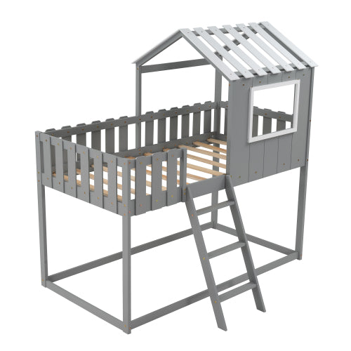 Bunk House Bed with Rustic Fence-Shaped Guardrail, Gray