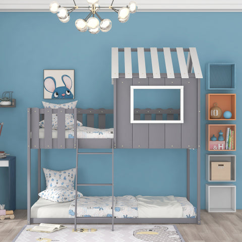 Image of Bunk House Bed with Rustic Fence-Shaped Guardrail, Gray
