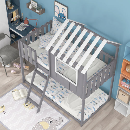 Bunk House Bed with Rustic Fence-Shaped Guardrail, Gray