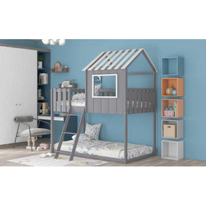 Bunk House Bed with Rustic Fence-Shaped Guardrail, Gray