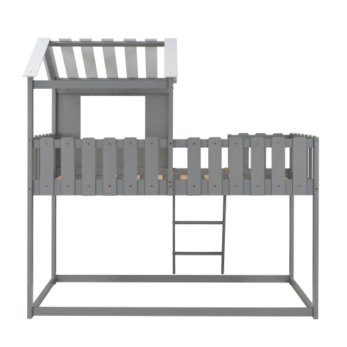 Bunk House Bed with Rustic Fence-Shaped Guardrail, Gray