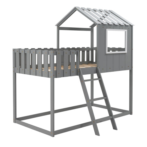 Bunk House Bed with Rustic Fence-Shaped Guardrail, Gray