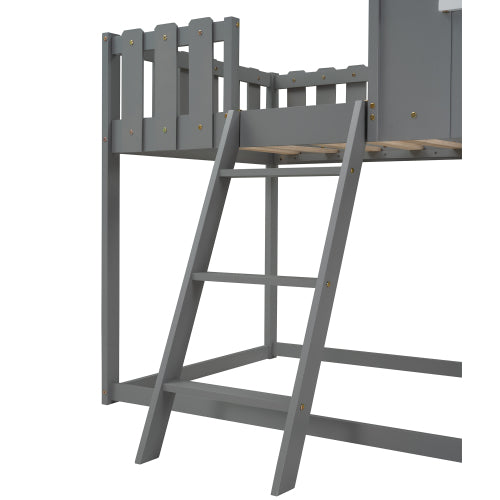 Bunk House Bed with Rustic Fence-Shaped Guardrail, Gray