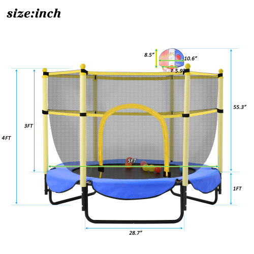 Blue Todller Indoor and Outdoor 5FT Trampoline with Basketball Hoop