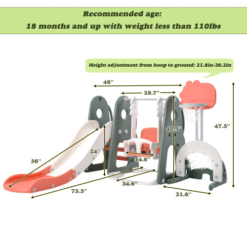 6 in 1 Toddler Slide Adjustable Swing Set with Basketball Hoop & Golf
