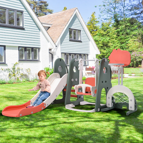 6 in 1 Toddler Slide Adjustable Swing Set with Basketball Hoop & Golf