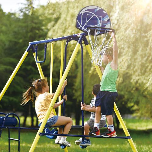 MRS 5 in 1 Outdoor Swing and Slide PlaySet with Seesaw Swing, Basketball Hoop