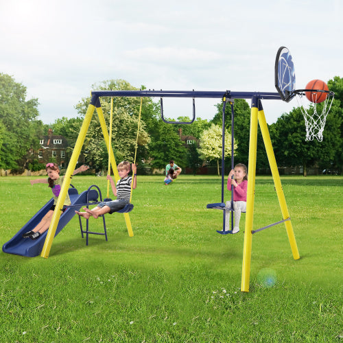 MRS 5 in 1 Outdoor Swing and Slide PlaySet with Seesaw Swing, Basketball Hoop