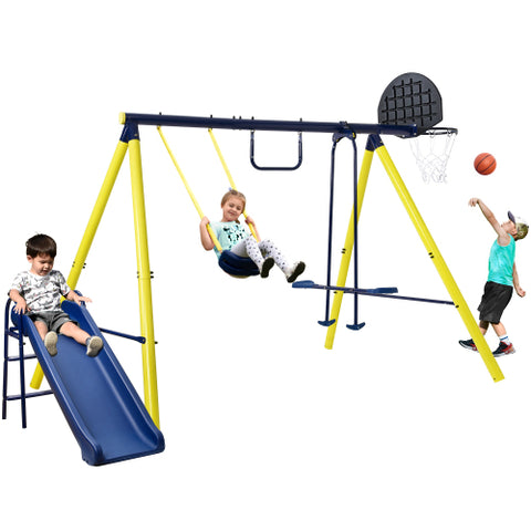 Image of MRS 5 in 1 Outdoor Swing and Slide PlaySet with Seesaw Swing, Basketball Hoop