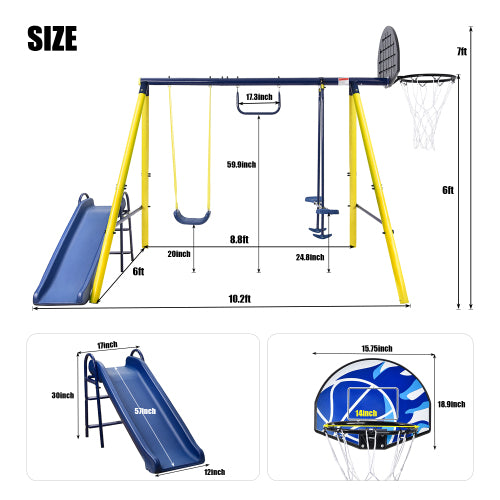 MRS 5 in 1 Outdoor Swing and Slide PlaySet with Seesaw Swing, Basketball Hoop