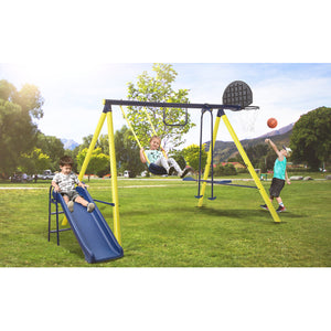 MRS 5 in 1 Outdoor Swing and Slide PlaySet with Seesaw Swing, Basketball Hoop
