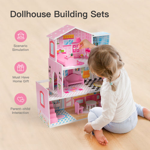 Kaba Kids Wooden Dollhouse with Furniture, Doll House Playset for Kids