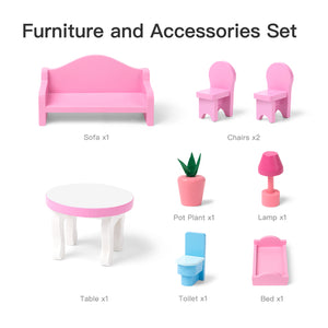 Kaba Kids Wooden Dollhouse with Furniture, Doll House Playset for Kids