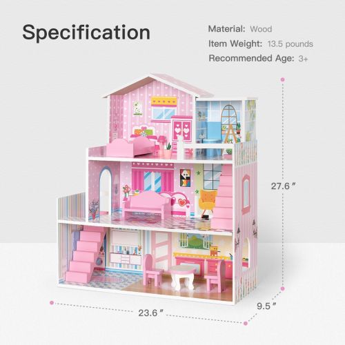 Kaba Kids Wooden Dollhouse with Furniture, Doll House Playset for Kids