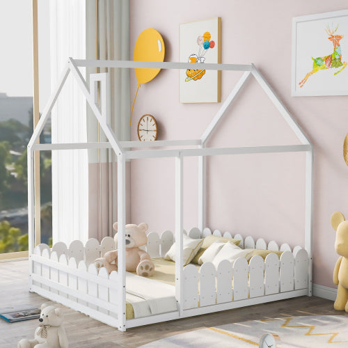 Lucky Furniture Twin Size Wood House Bed with Fence For Kids, Teens