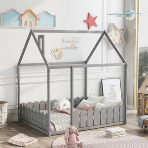 Lucky Furniture Twin Size Wood House Bed with Fence For Kids, Teens