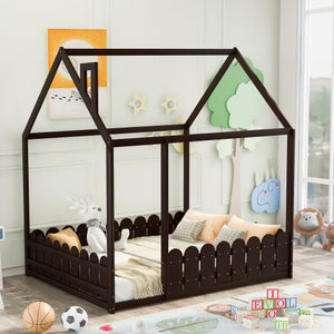 Lucky Furniture Twin Size Wood House Bed with Fence For Kids, Teens