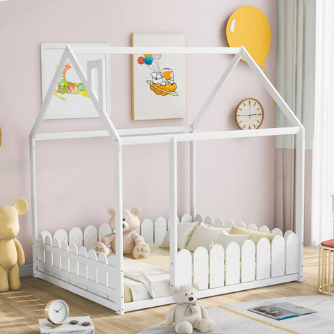 Image of Lucky Furniture Twin Size Wood House Bed with Fence For Kids, Teens