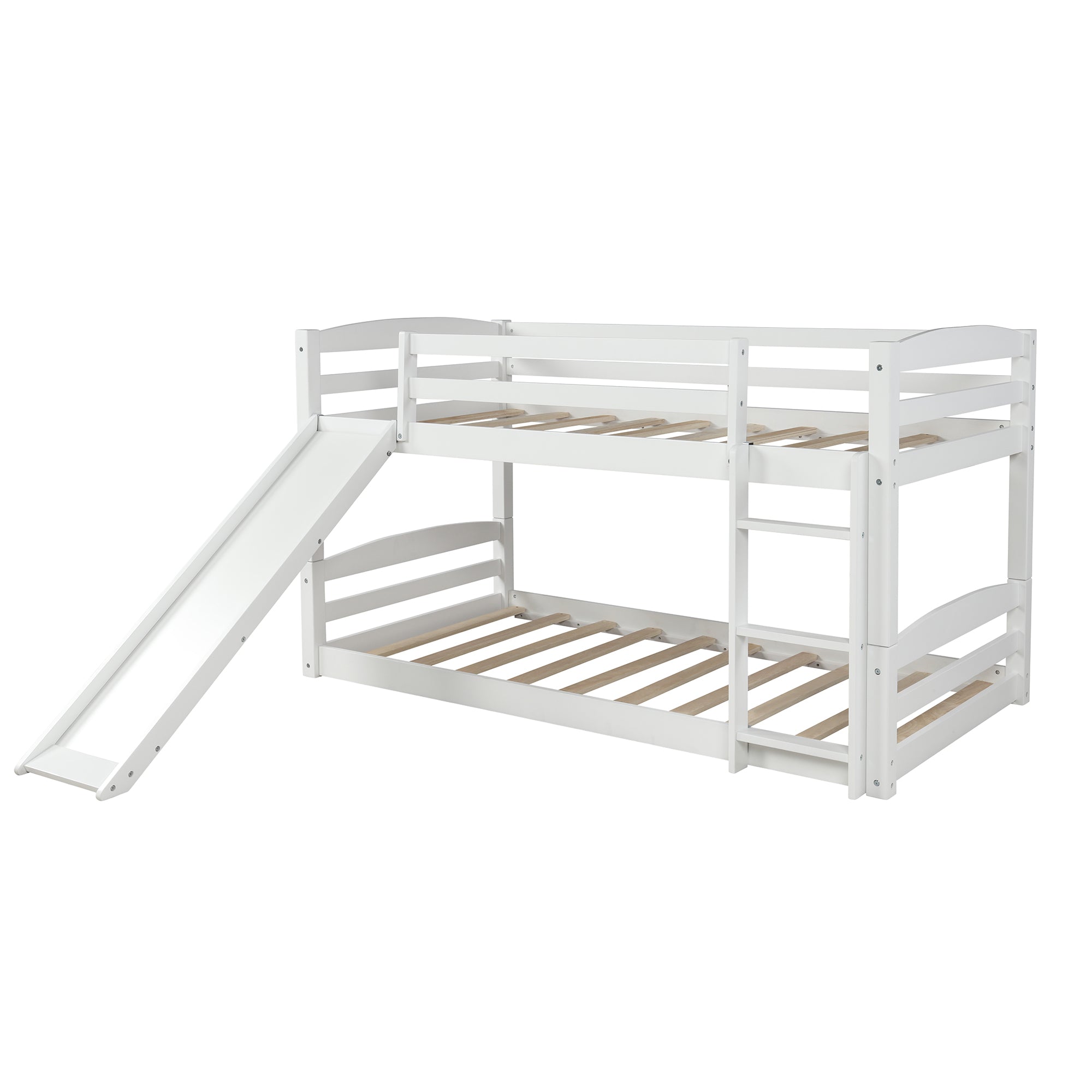 Twin over Twin Low Bunk Bed with Slide and Ladder in White