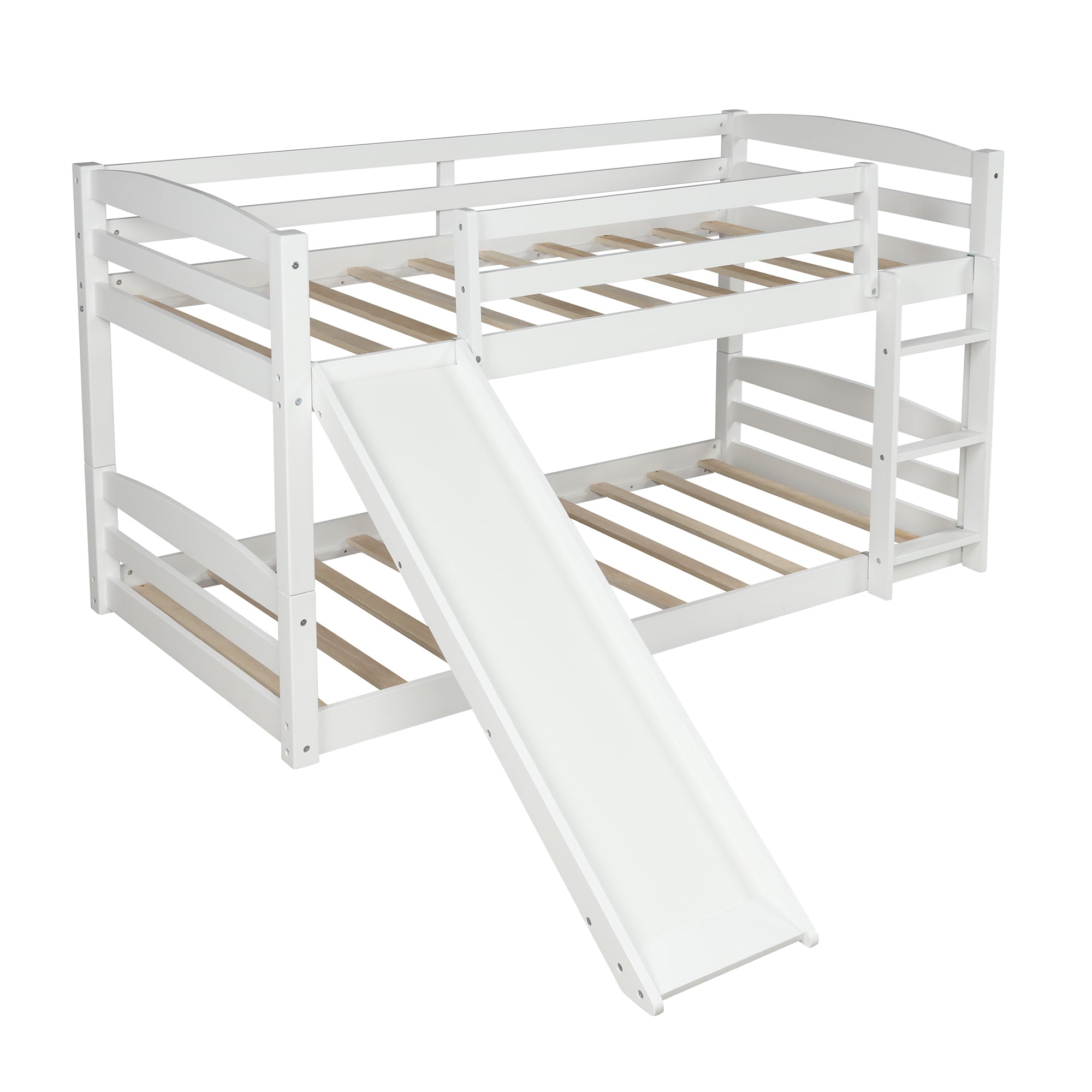 Twin over Twin Low Bunk Bed with Slide and Ladder in White