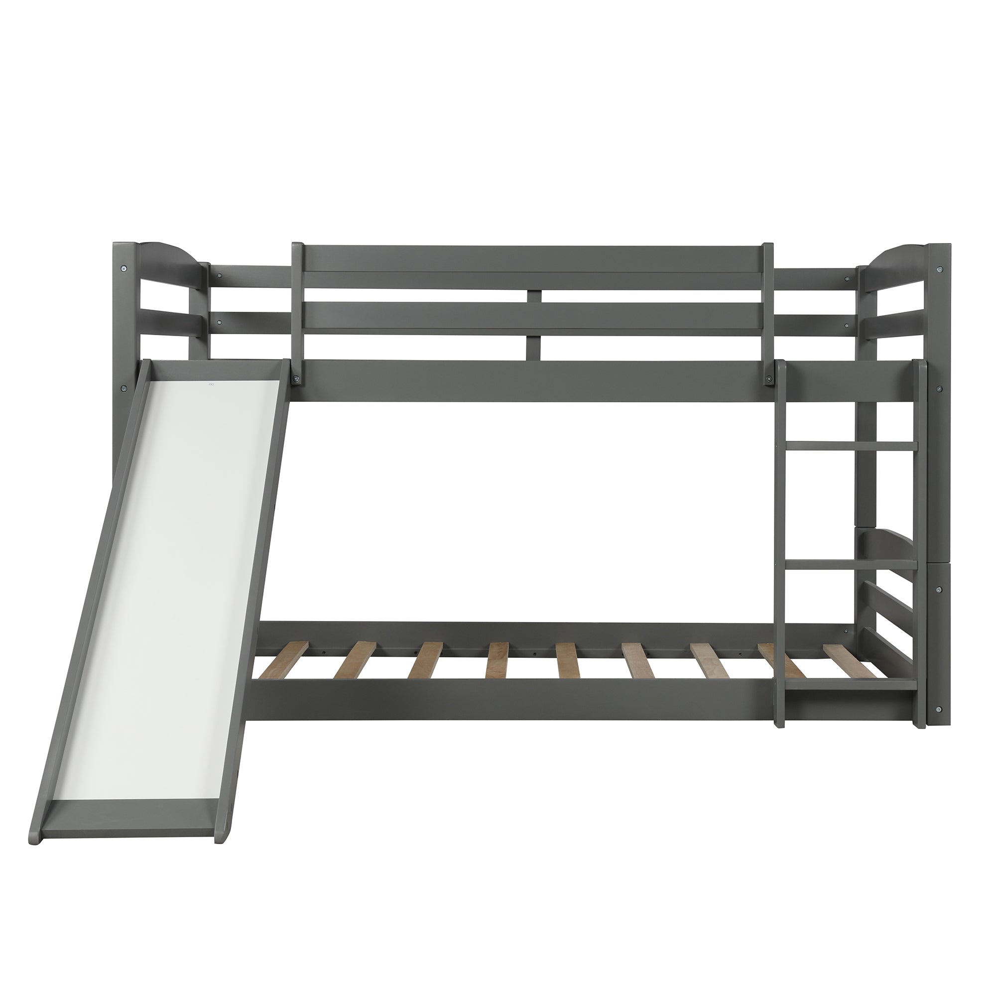 Twin over Twin Low Bunk Bed with Slide and Ladder in Grey