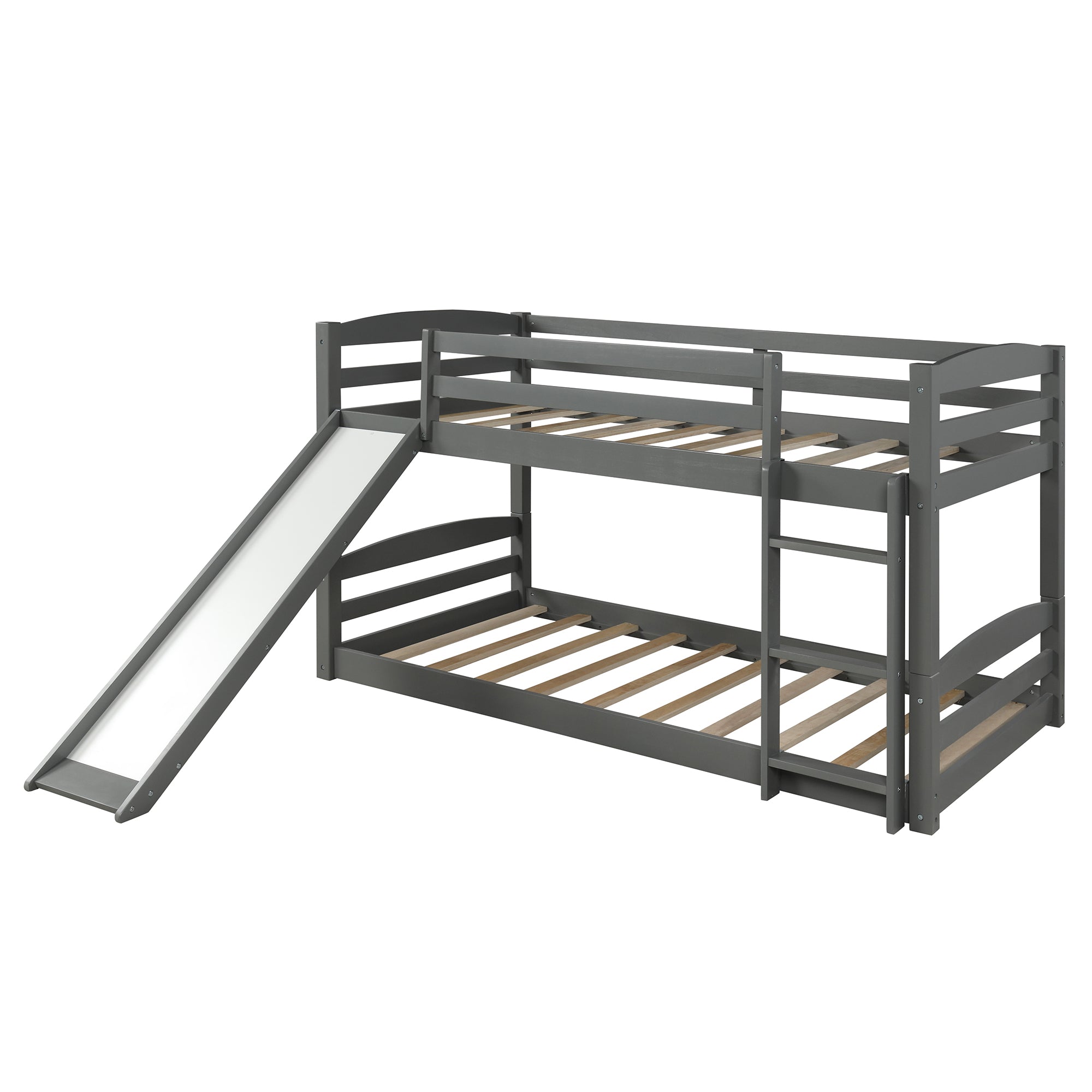 Twin over Twin Low Bunk Bed with Slide and Ladder in Grey