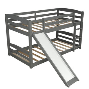 Twin over Twin Low Bunk Bed with Slide and Ladder in Grey