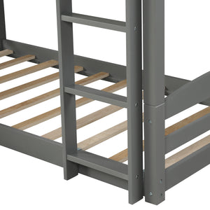 Twin over Twin Low Bunk Bed with Slide and Ladder in Grey