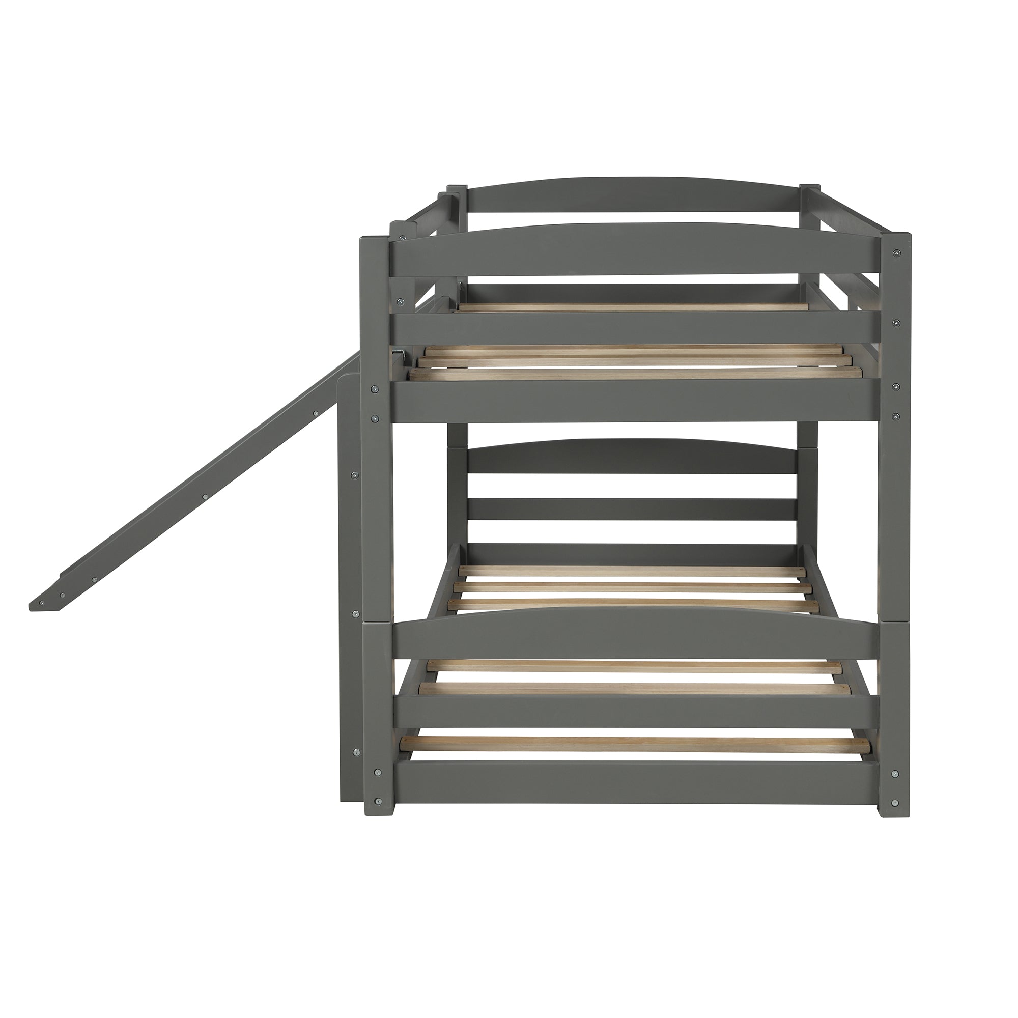 Twin over Twin Low Bunk Bed with Slide and Ladder in Grey