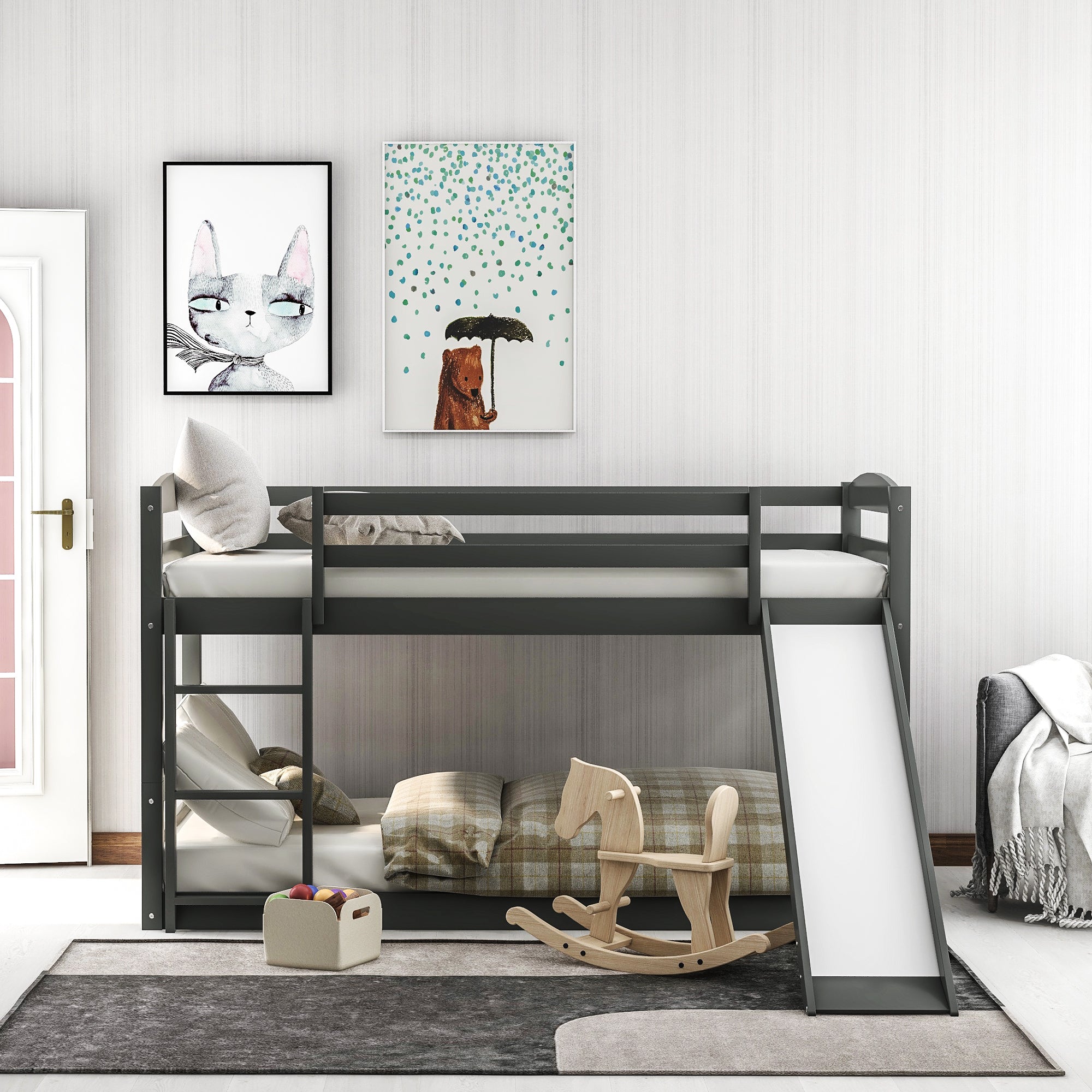Twin over Twin Low Bunk Bed with Slide and Ladder in Grey