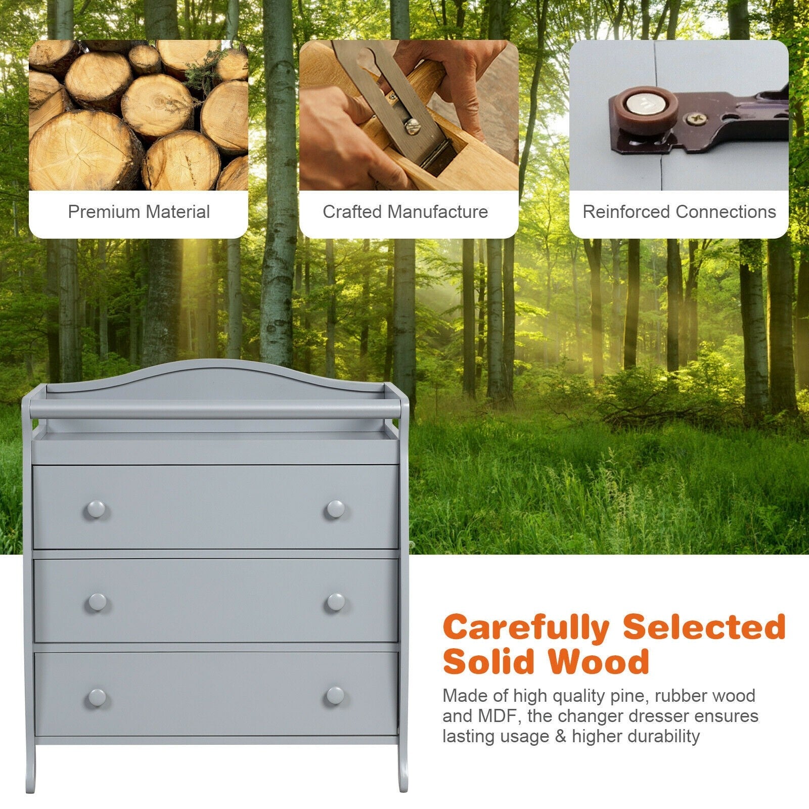 3-Drawer Dresser Changing Table with Safety Belt Guardrails in Gray
