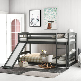 Twin over Twin Low Bunk Bed with Slide and Ladder in Grey