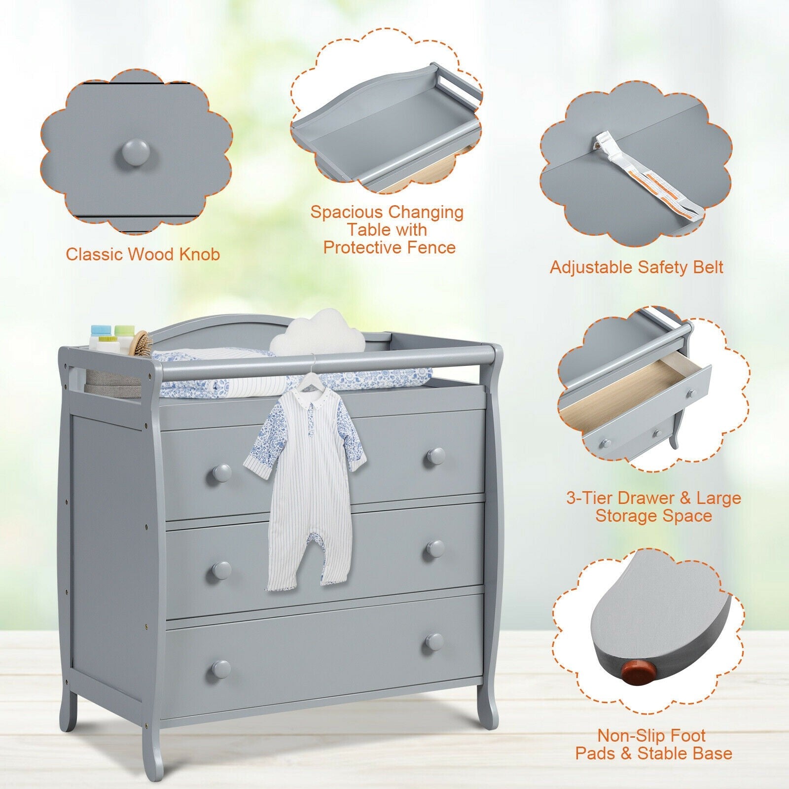 3-Drawer Dresser Changing Table with Safety Belt Guardrails in Gray