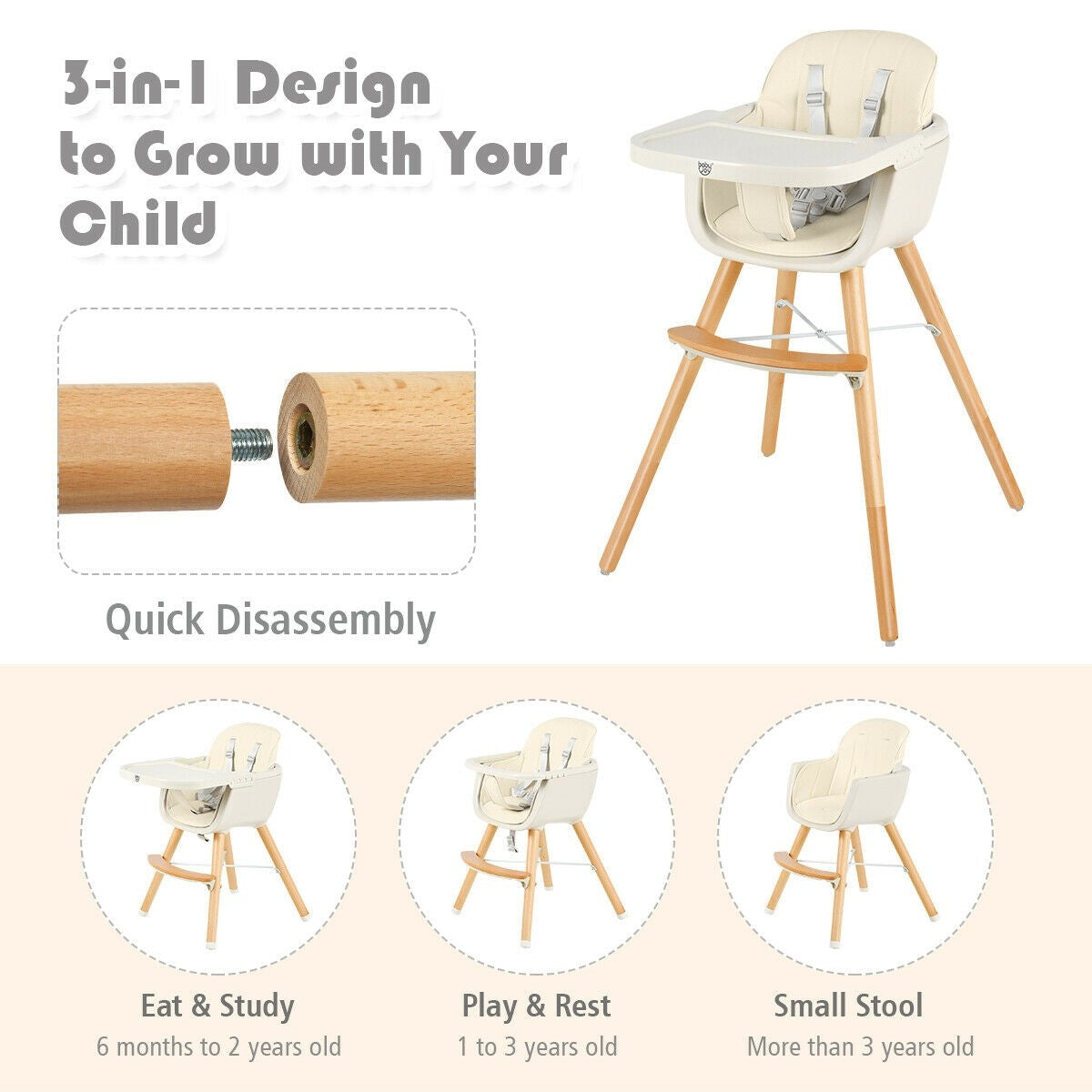 3 in 1 Convertible Wooden High Chair with Cushion