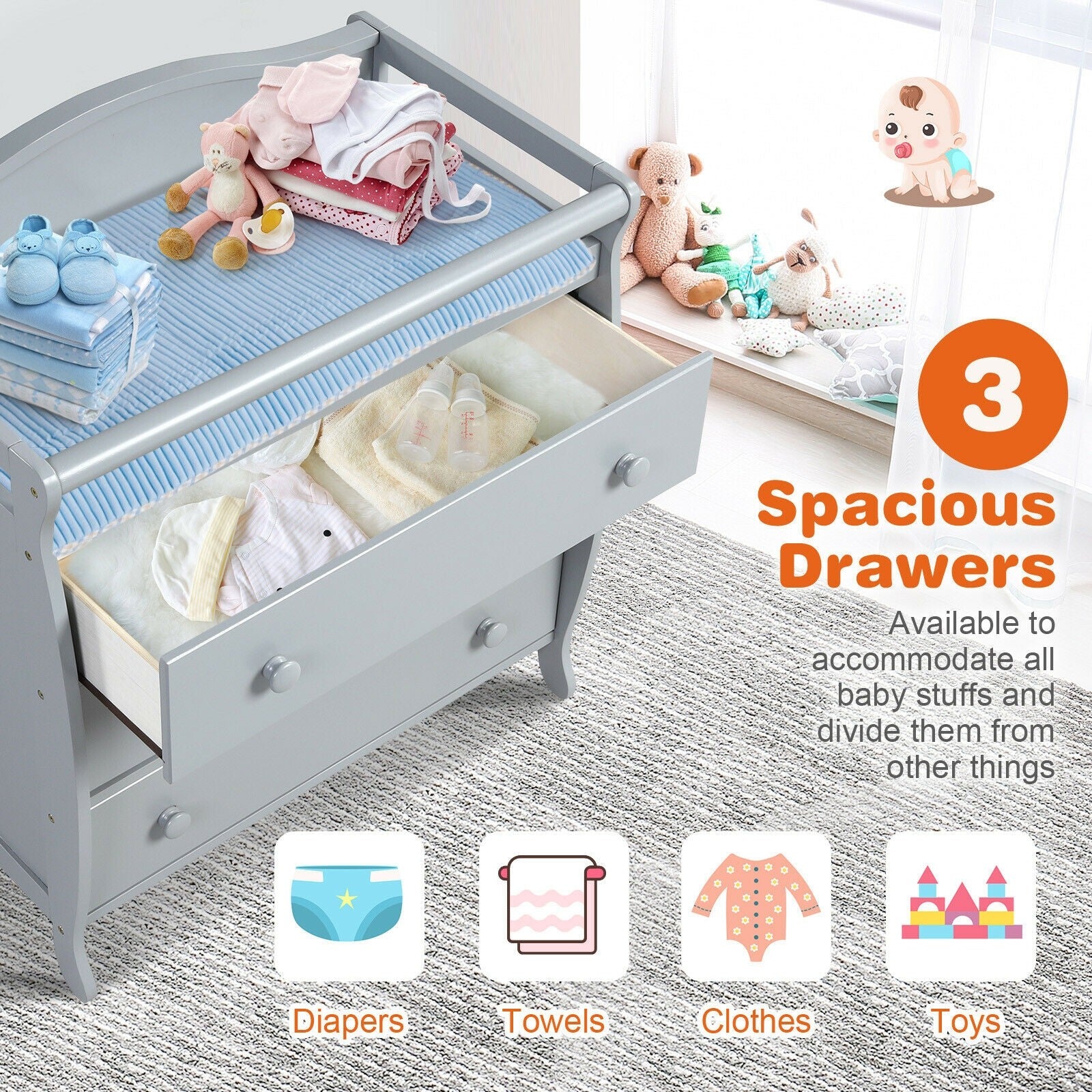 3-Drawer Dresser Changing Table with Safety Belt Guardrails in Gray